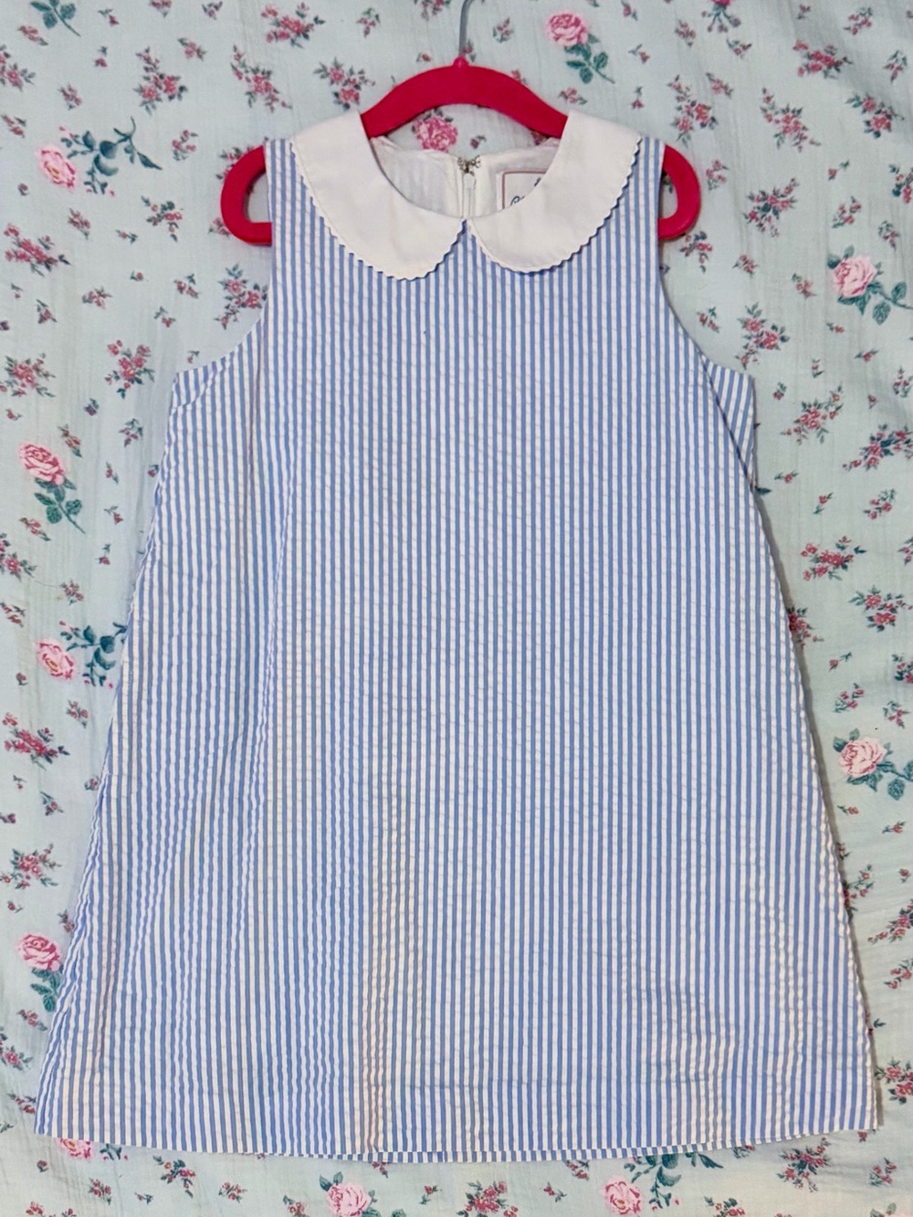 Classic Prep Blue and White Seersucker Sleeveless Dress with Peter Pan Collar